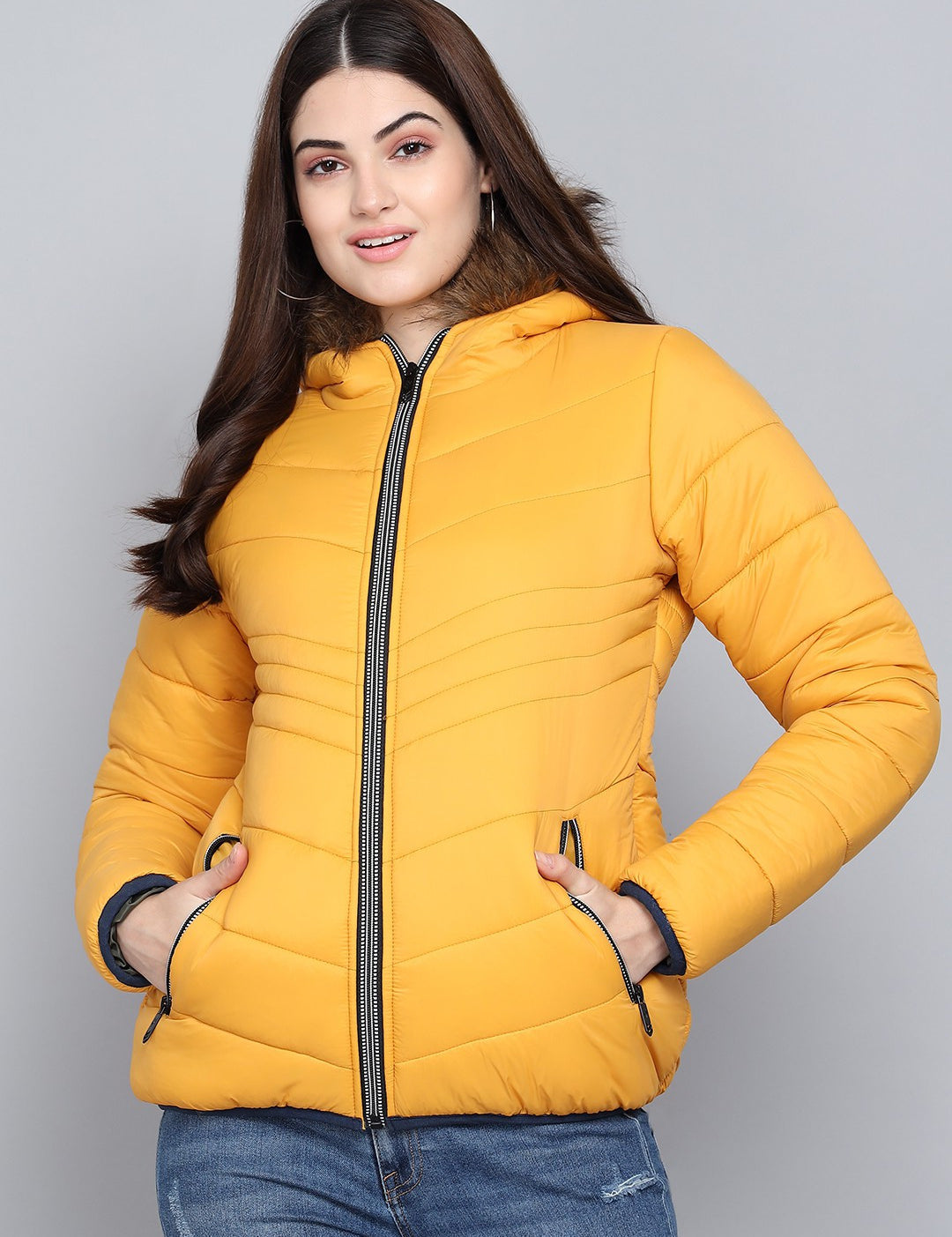 KOTTY Women Yellow Nylon Full Sleeve Padded Puffer Jacket