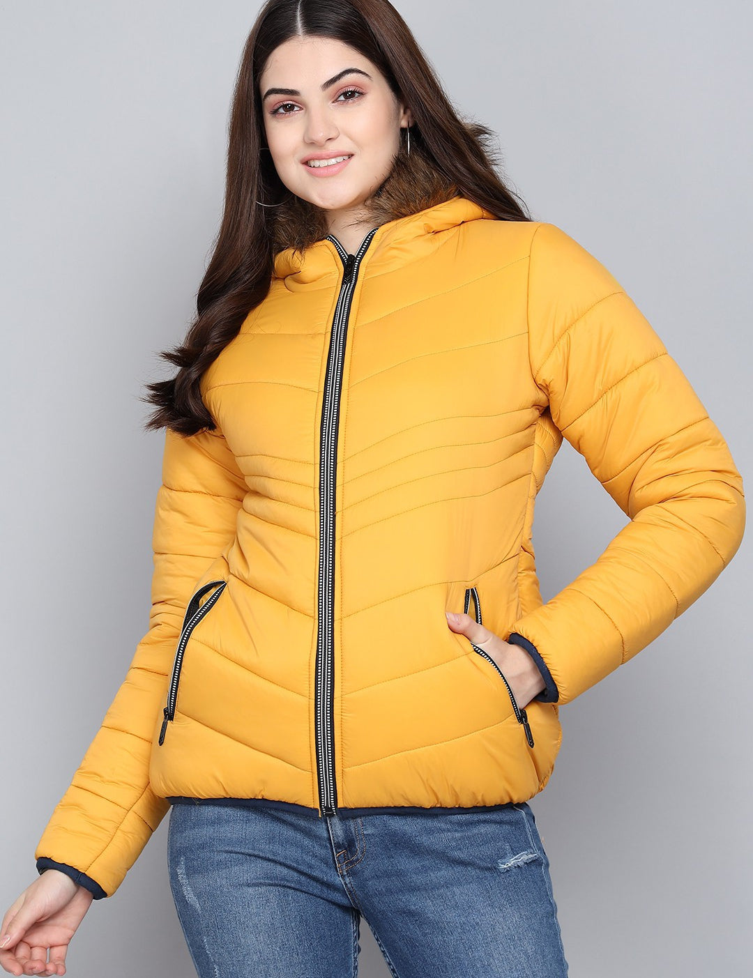 KOTTY Women Yellow Nylon Full Sleeve Padded Puffer Jacket