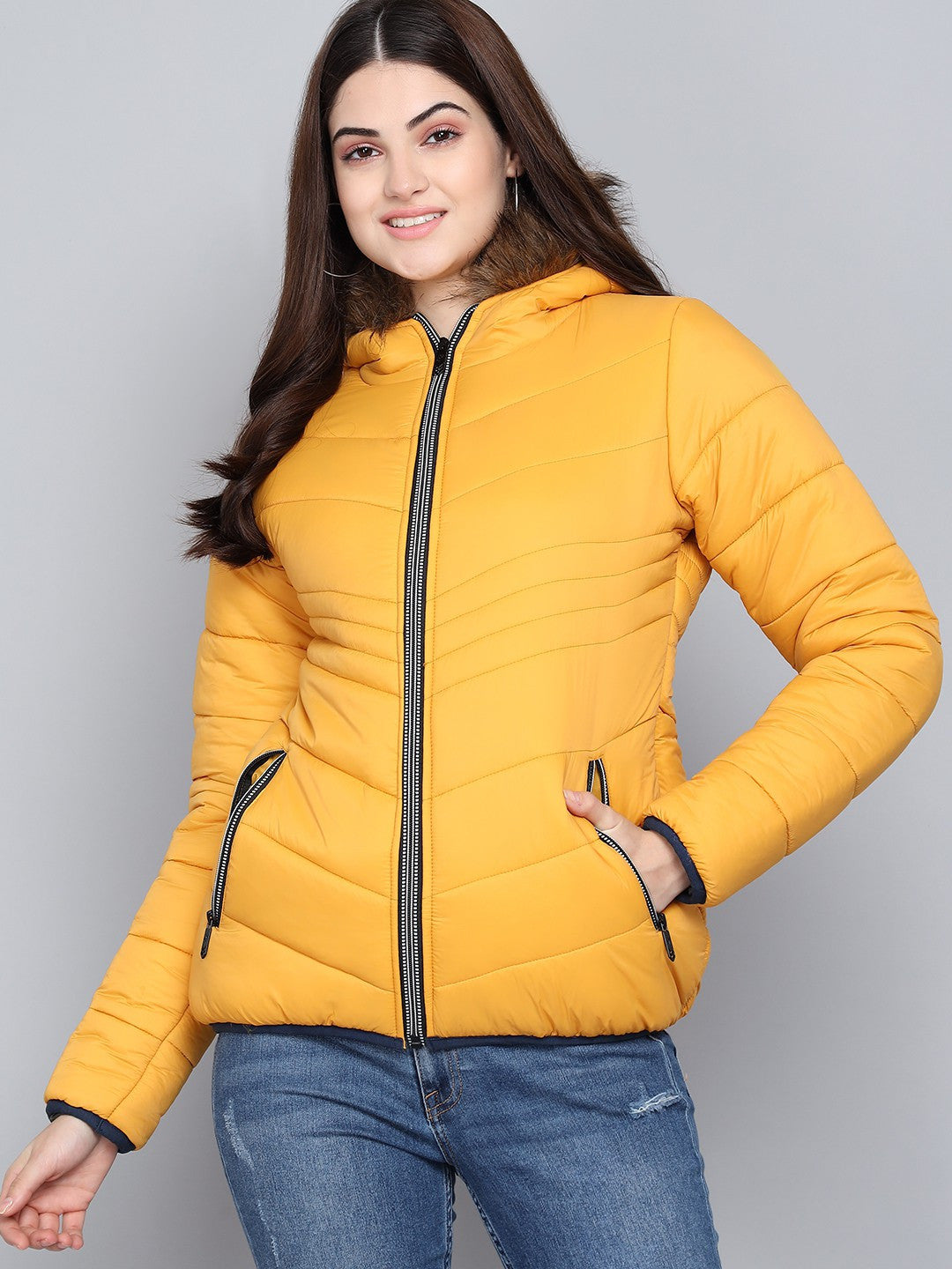 KOTTY Women Yellow Nylon Full Sleeve Padded Puffer Jacket