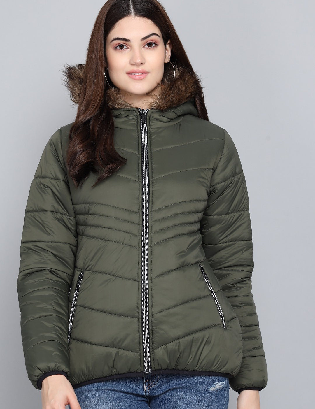 KOTTY Women Olive Nylon Full Sleeve Padded Puffer Jacket