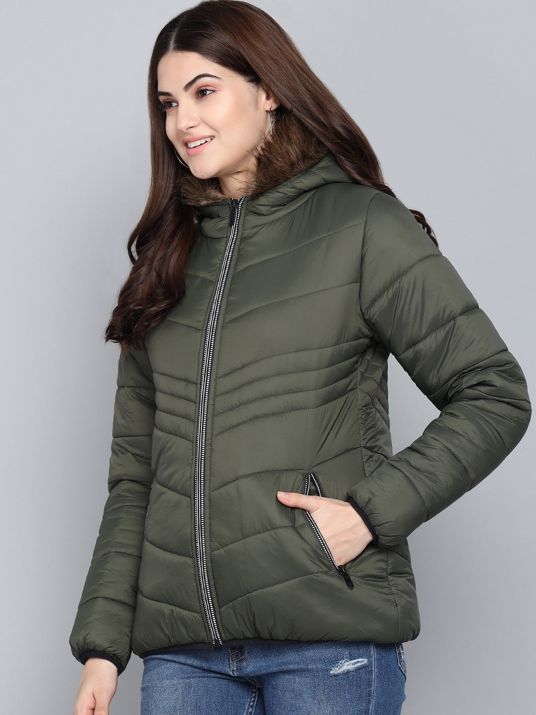 KOTTY Women Olive Nylon Full Sleeve Padded Puffer Jacket