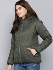 KOTTY Women Olive Nylon Full Sleeve Padded Puffer Jacket