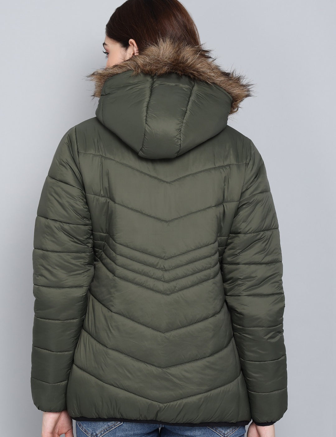KOTTY Women Olive Nylon Full Sleeve Padded Puffer Jacket