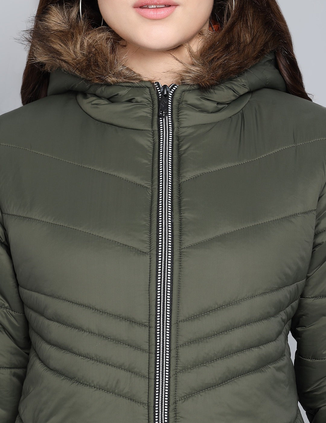 KOTTY Women Olive Nylon Full Sleeve Padded Puffer Jacket