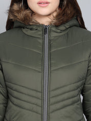KOTTY Women Olive Nylon Full Sleeve Padded Puffer Jacket