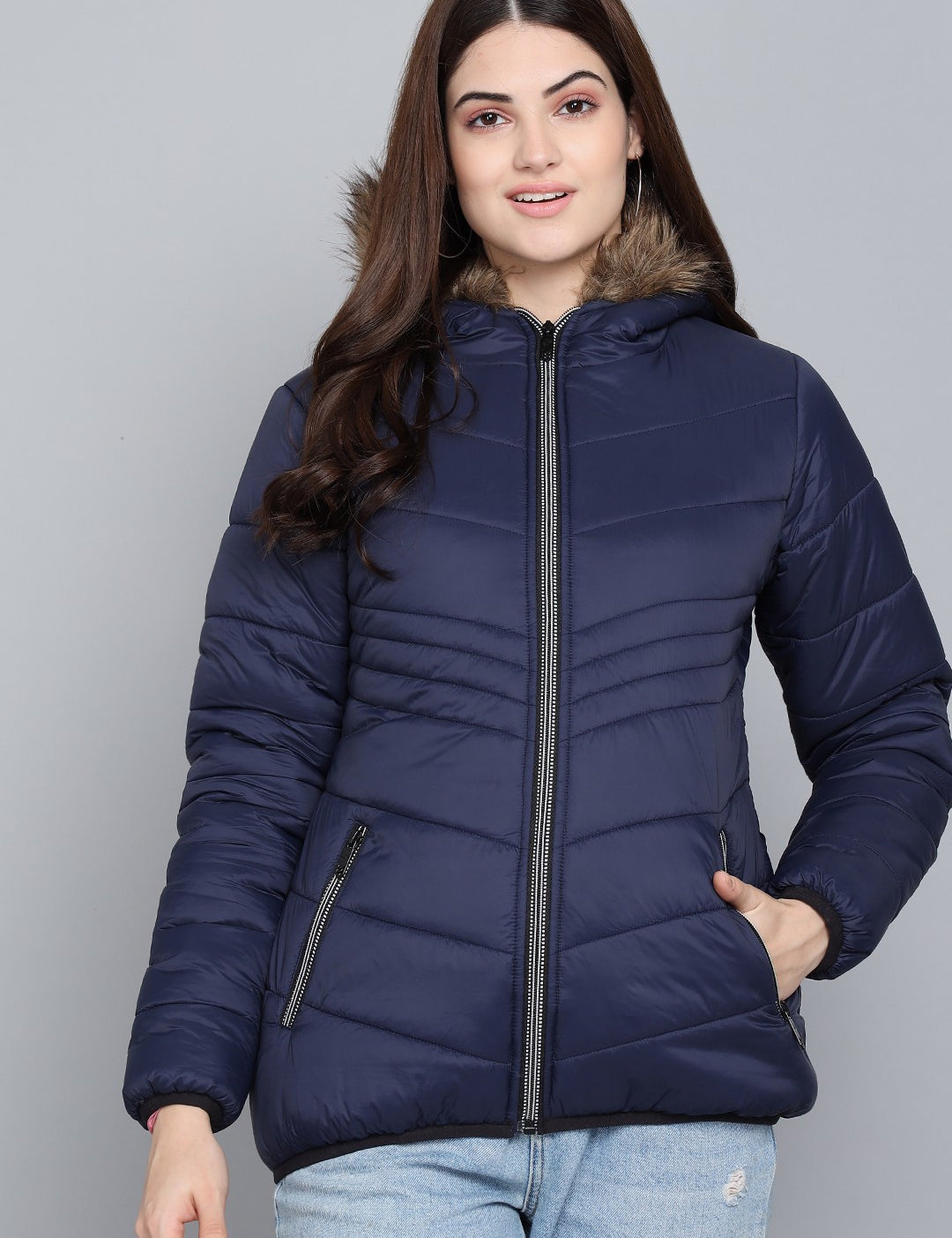 KOTTY Women Navy Blue Nylon Full Sleeve Padded Puffer Jacket
