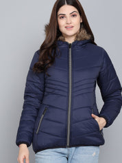 KOTTY Women Navy Blue Nylon Full Sleeve Padded Puffer Jacket
