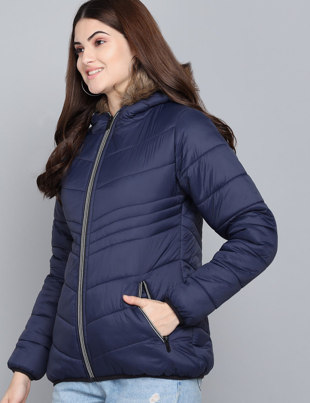 KOTTY Women Navy Blue Nylon Full Sleeve Padded Puffer Jacket
