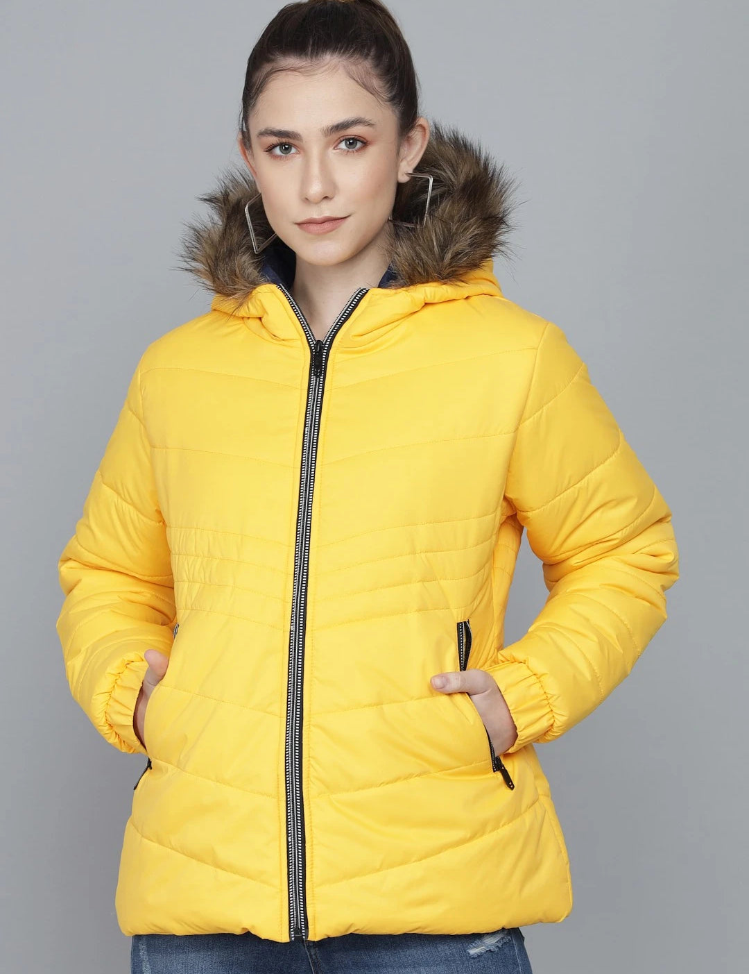 KOTTY Women Yellow Nylon Full Sleeve Solid Puffer Jacket