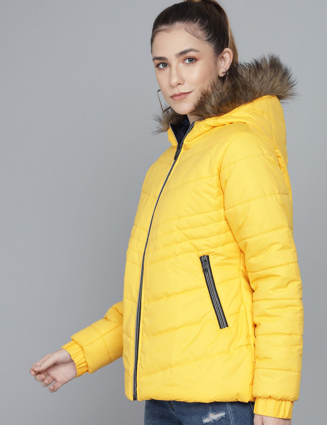 KOTTY Women Yellow Nylon Full Sleeve Solid Puffer Jacket