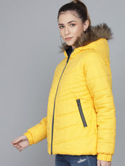 KOTTY Women Yellow Nylon Full Sleeve Solid Puffer Jacket