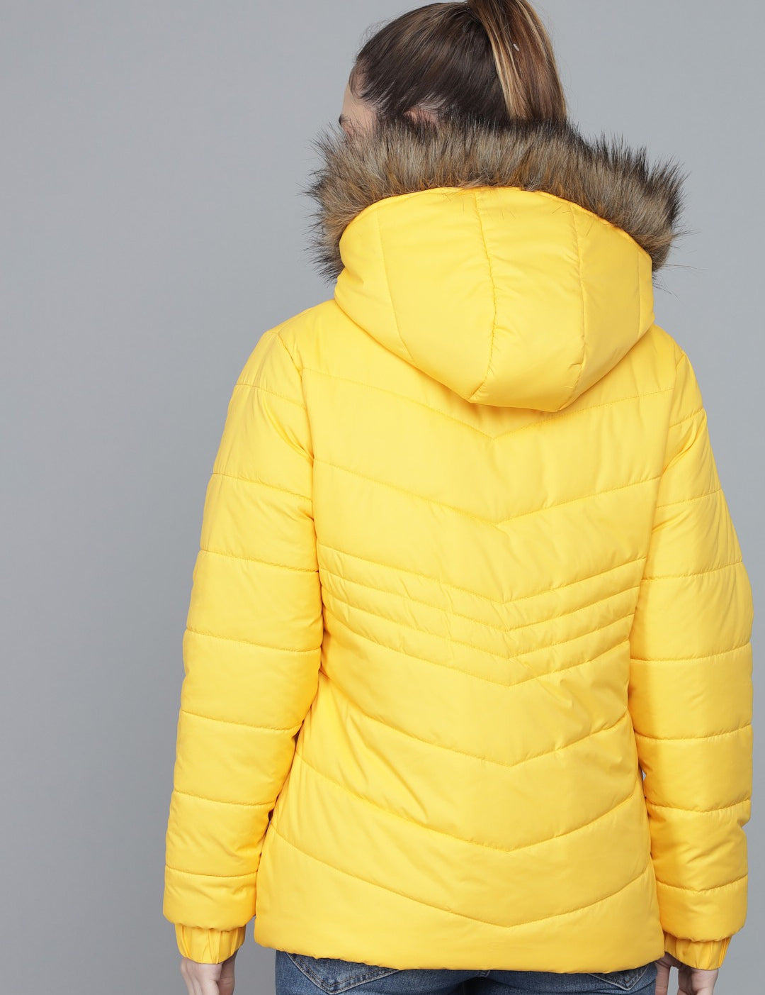 KOTTY Women Yellow Nylon Full Sleeve Solid Puffer Jacket
