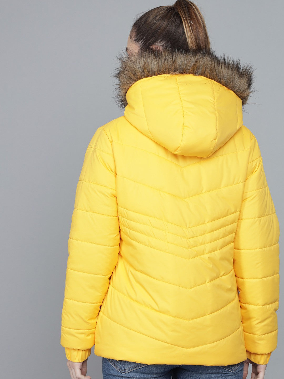 KOTTY Women Yellow Nylon Full Sleeve Solid Puffer Jacket