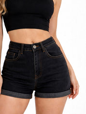 High-Rise Cuffed Denim Shorts in Dark Wash