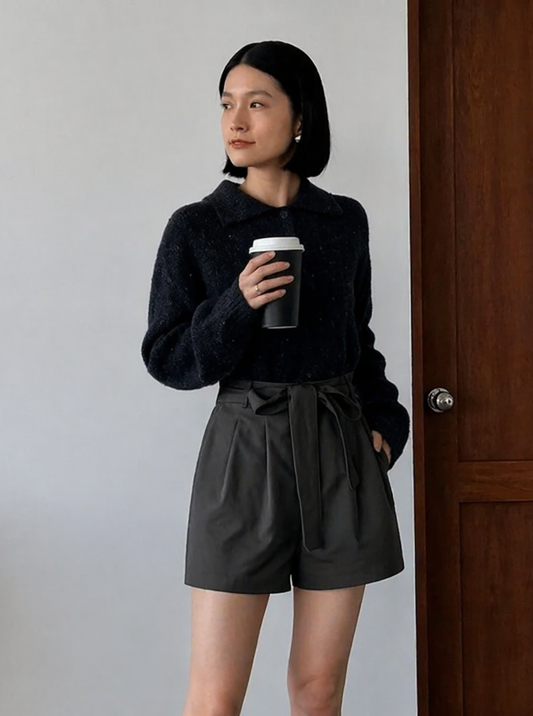 High-Waisted Tie-Belt Shorts in Charcoal Dark Grey