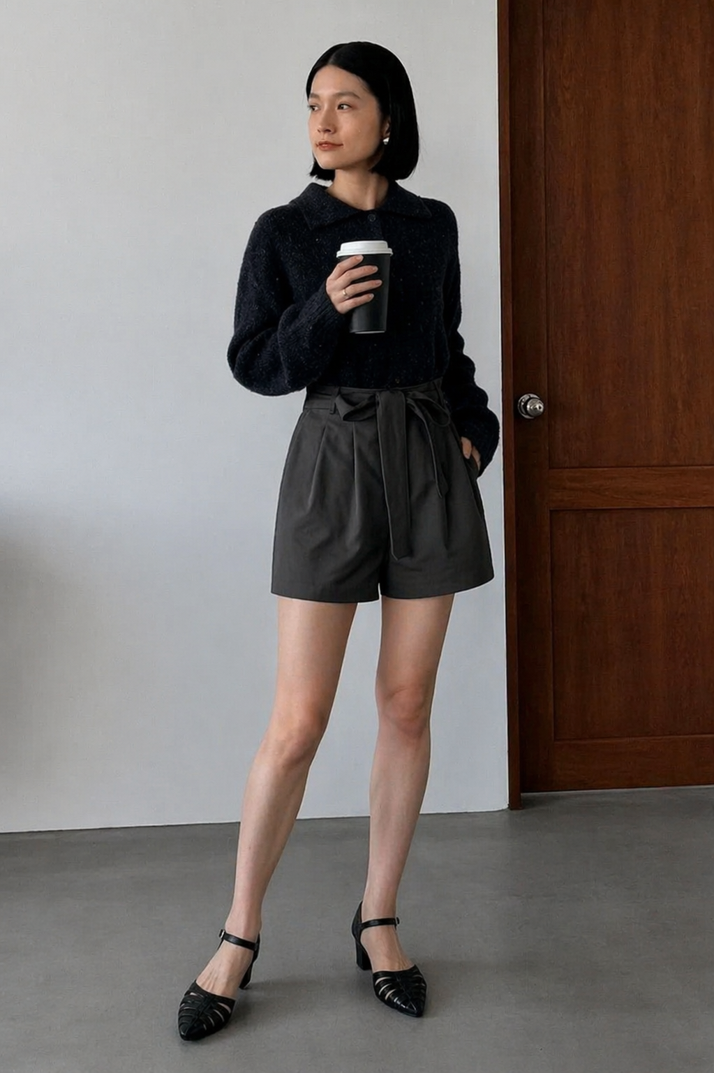High-Waisted Tie-Belt Shorts in Charcoal Dark Grey