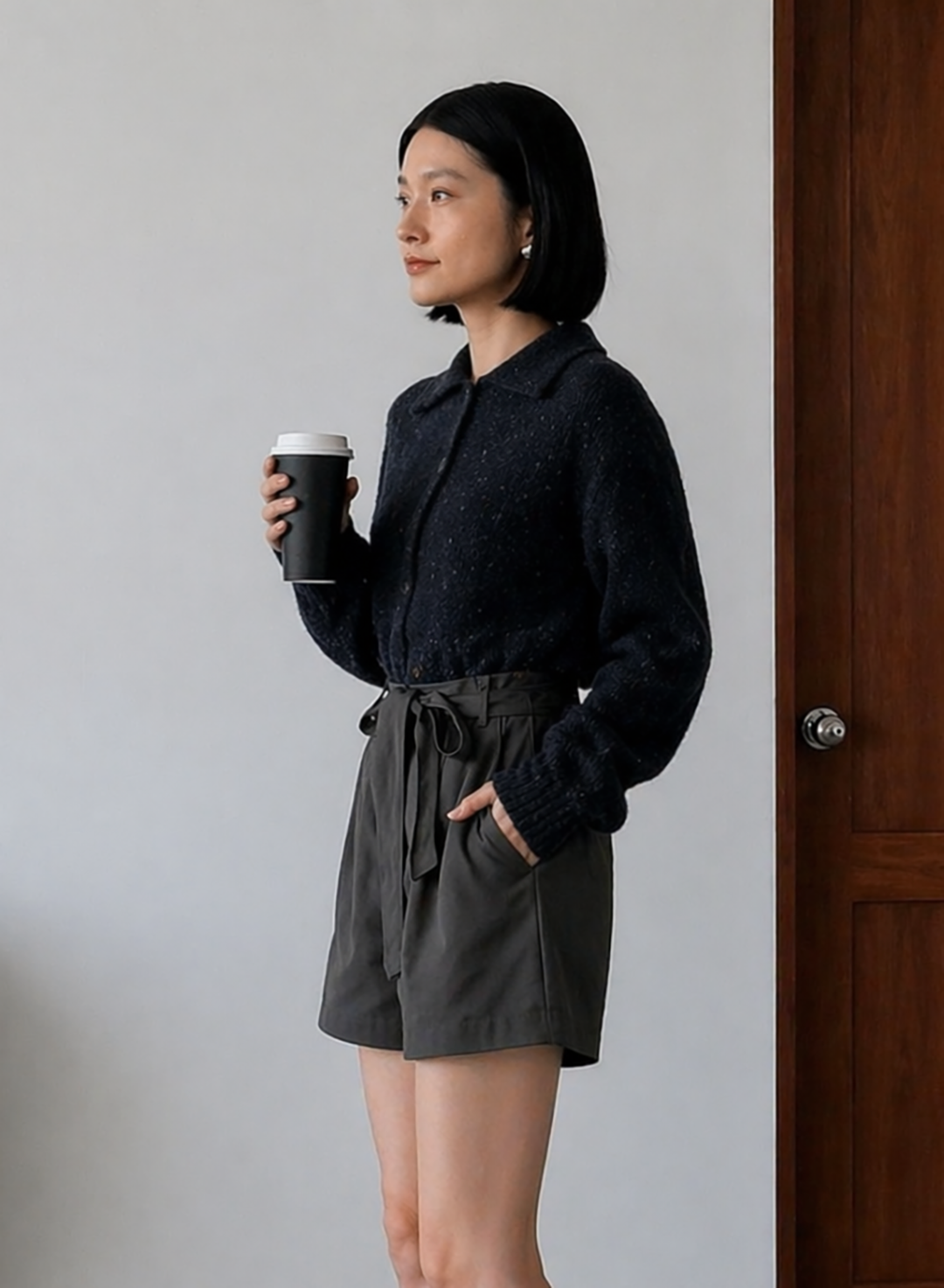 High-Waisted Tie-Belt Shorts in Charcoal Dark Grey