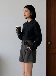 High-Waisted Tie-Belt Shorts in Charcoal Dark Grey