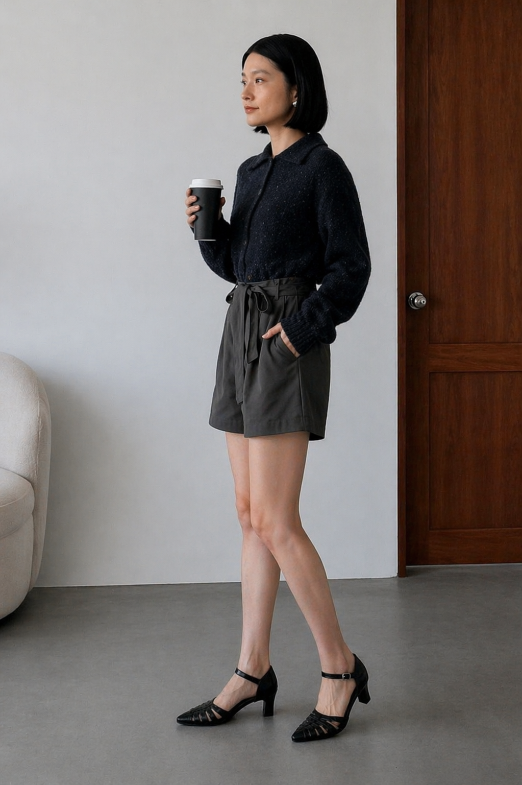High-Waisted Tie-Belt Shorts in Charcoal Dark Grey