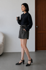 High-Waisted Tie-Belt Shorts in Charcoal Dark Grey