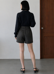 High-Waisted Tie-Belt Shorts in Charcoal Dark Grey