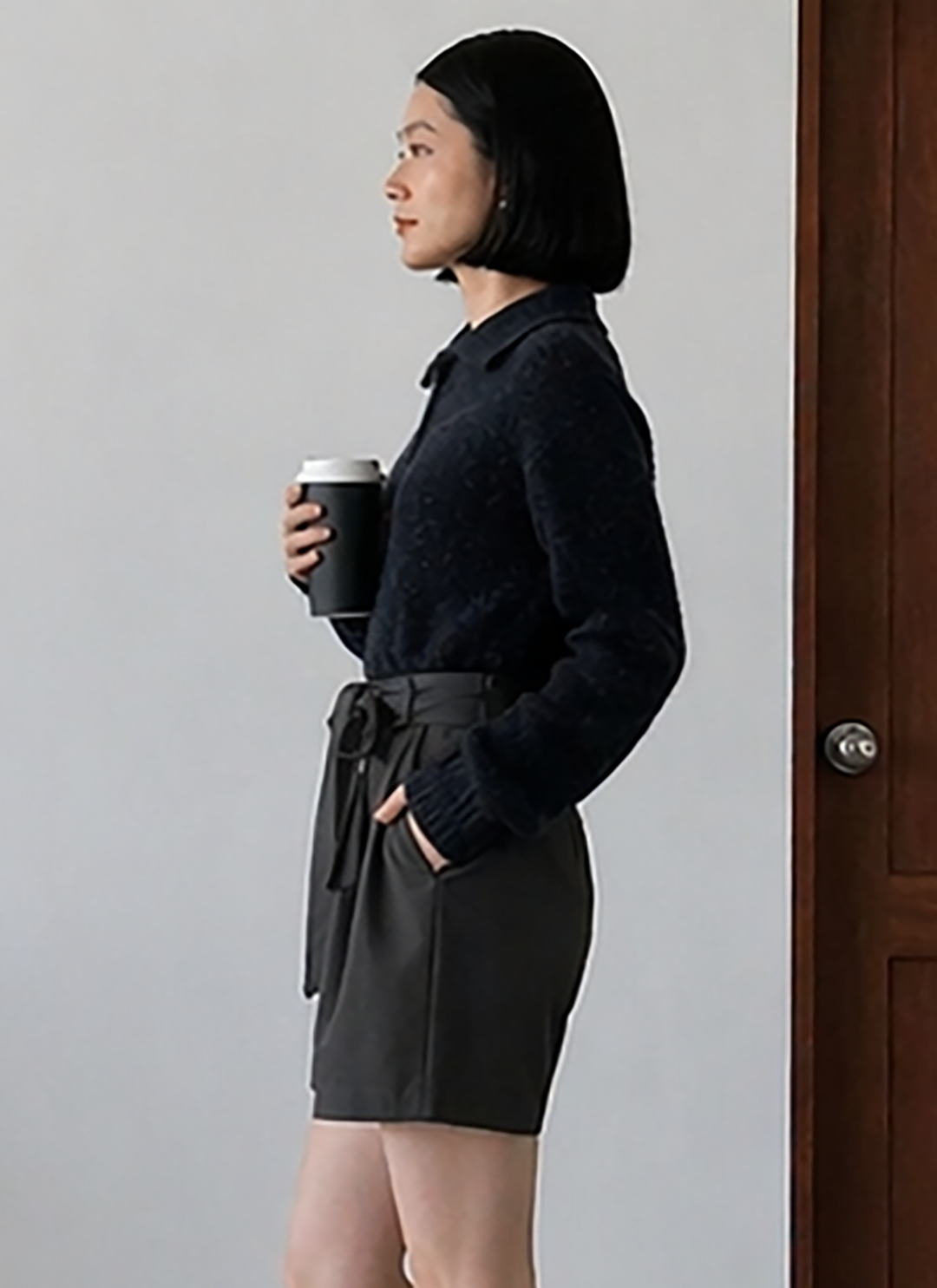 High-Waisted Tie-Belt Shorts in Charcoal Dark Grey