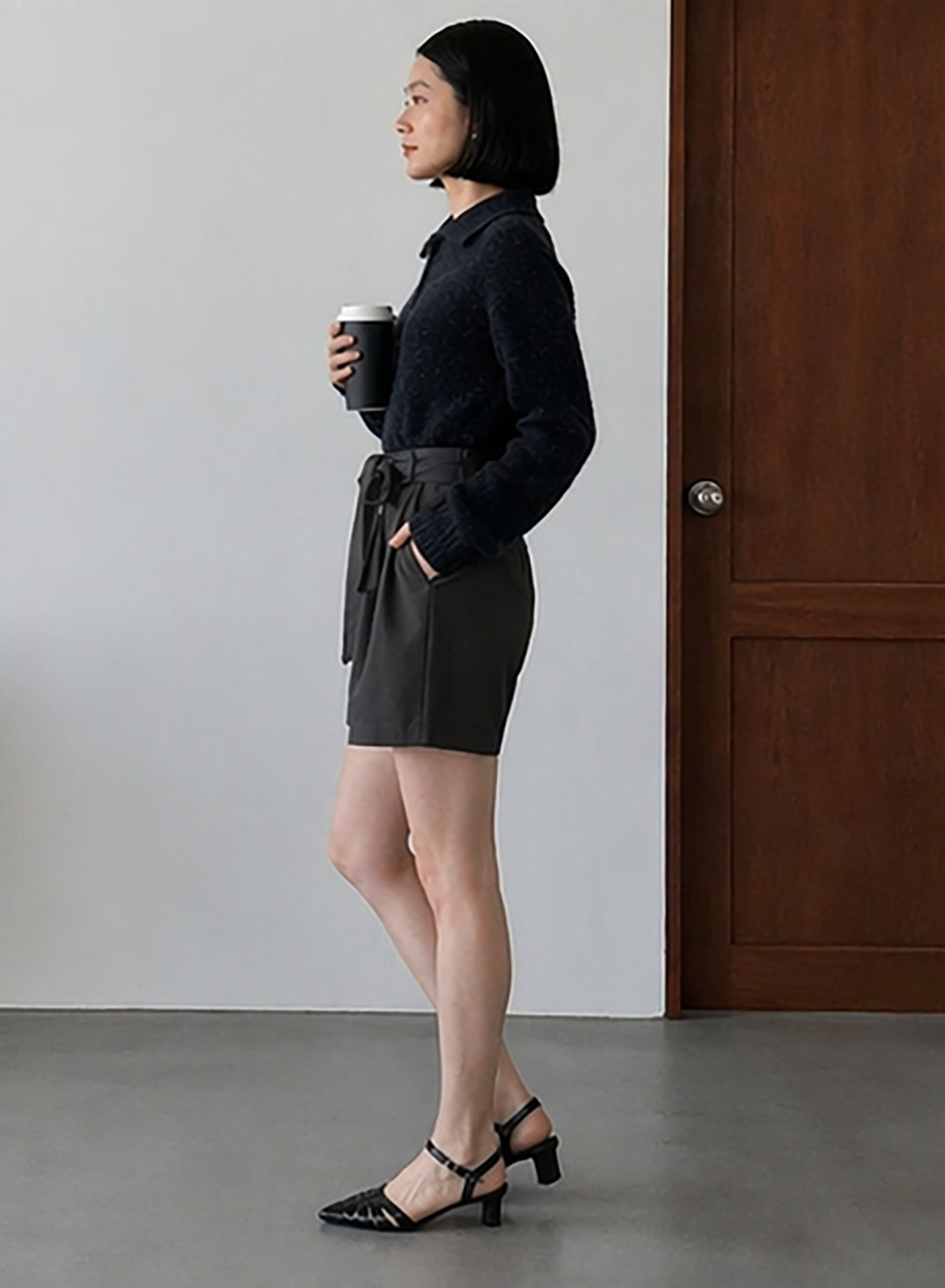 High-Waisted Tie-Belt Shorts in Charcoal Dark Grey
