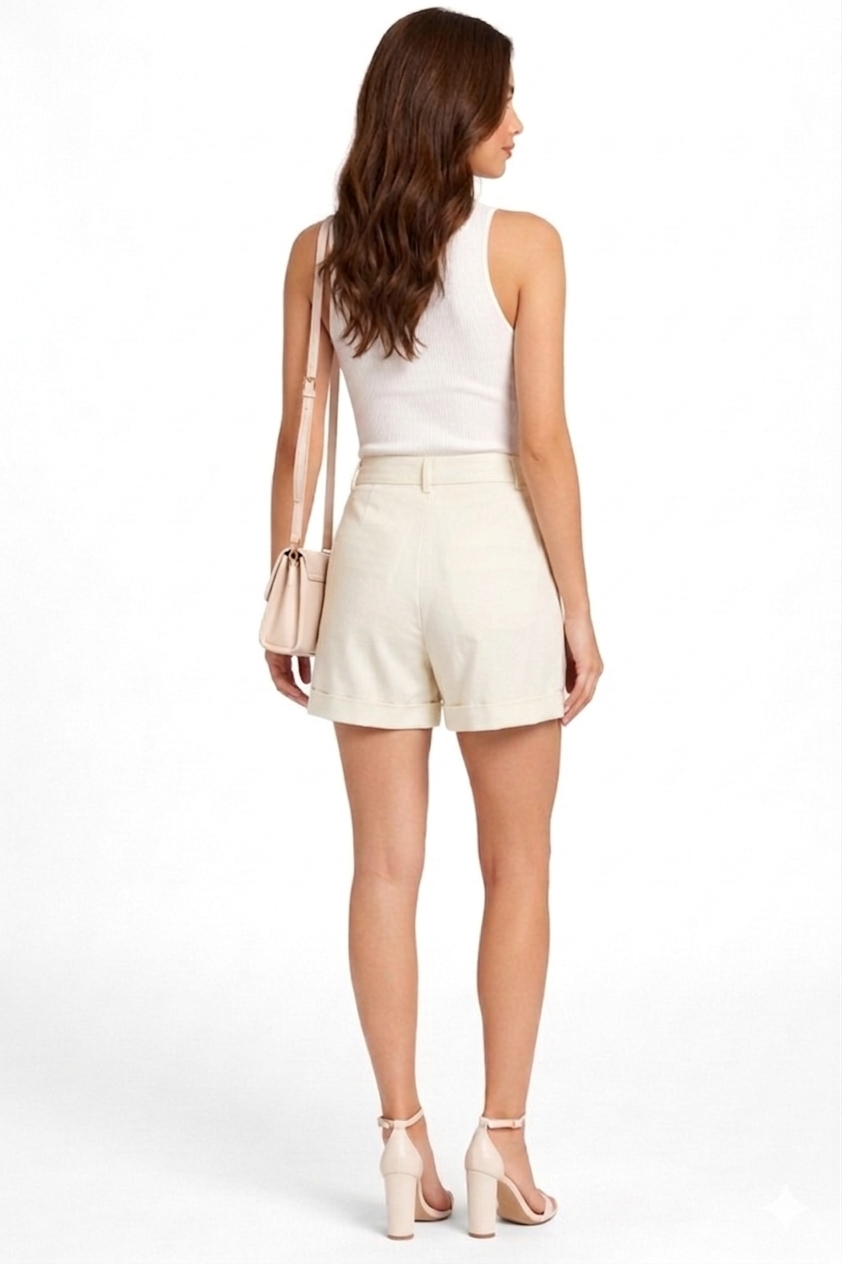 High-Waisted Tailored Pleated Shorts in Off-White