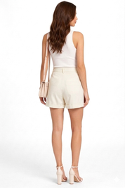 High-Waisted Tailored Pleated Shorts in Off-White