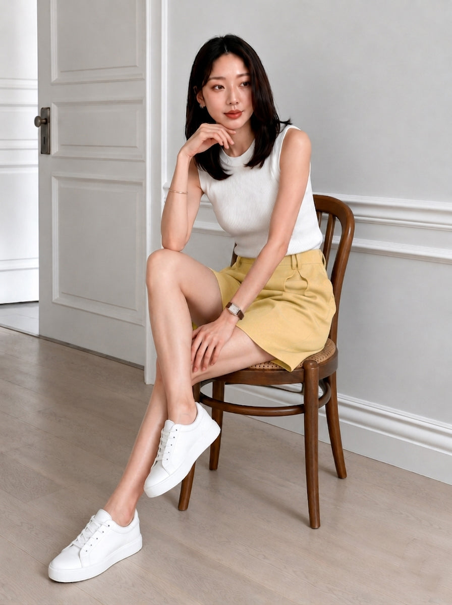 Wide-Leg Tailored Pleated Shorts in Muted Yellow