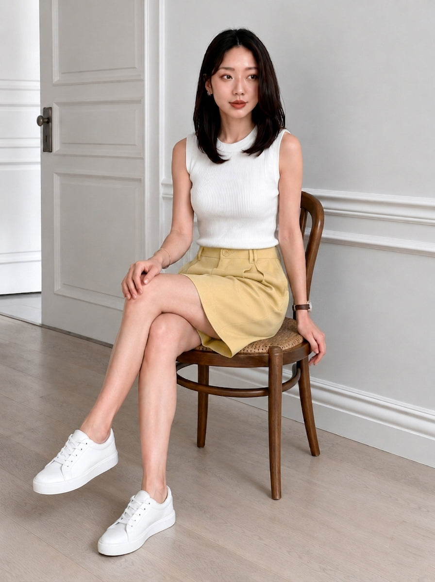 Wide-Leg Tailored Pleated Shorts in Muted Yellow
