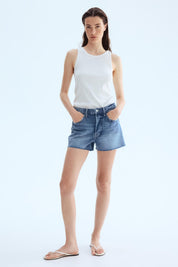 Women's High Waist Mid Blue Frayed Hem Denim Shorts