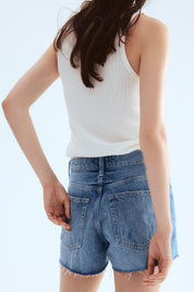Women's High Waist Mid Blue Frayed Hem Denim Shorts