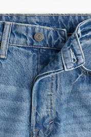 Women's High Waist Mid Blue Frayed Hem Denim Shorts