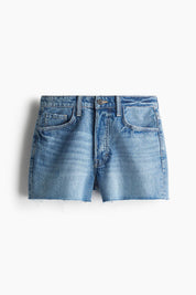 Women's High Waist Mid Blue Frayed Hem Denim Shorts