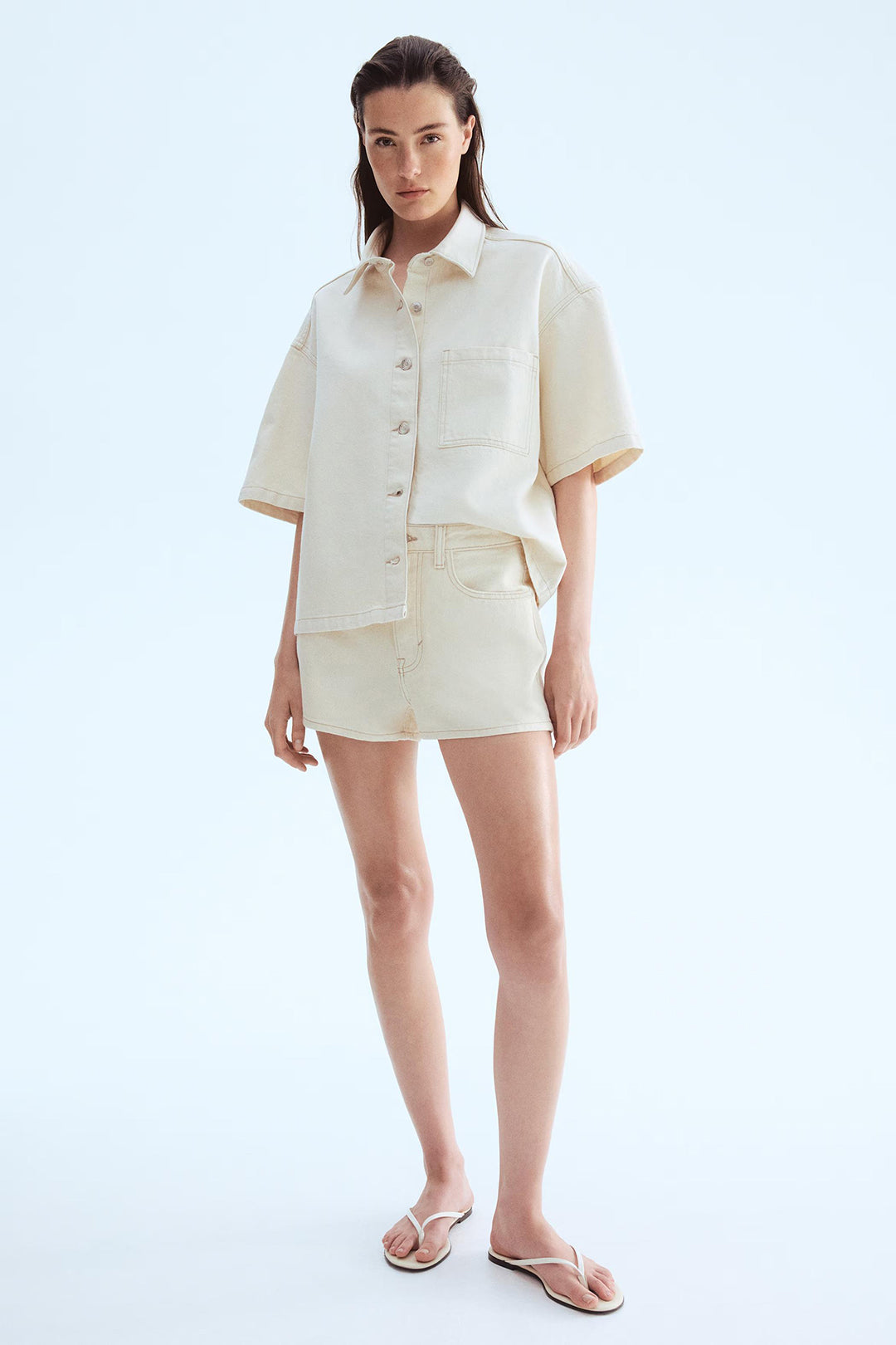 Women's Cream Denim Mini Co-Ord Shorts Set