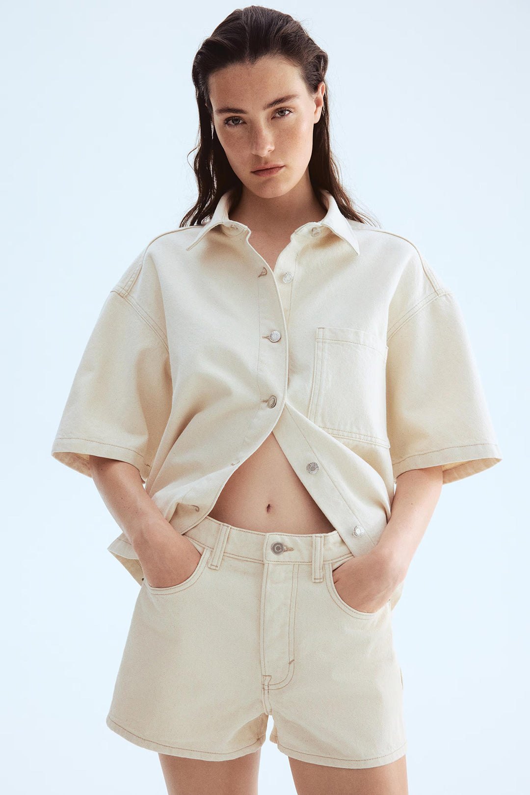 Women's Cream Denim Mini Co-Ord Shorts Set