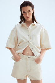 Women's Cream Denim Mini Co-Ord Shorts Set