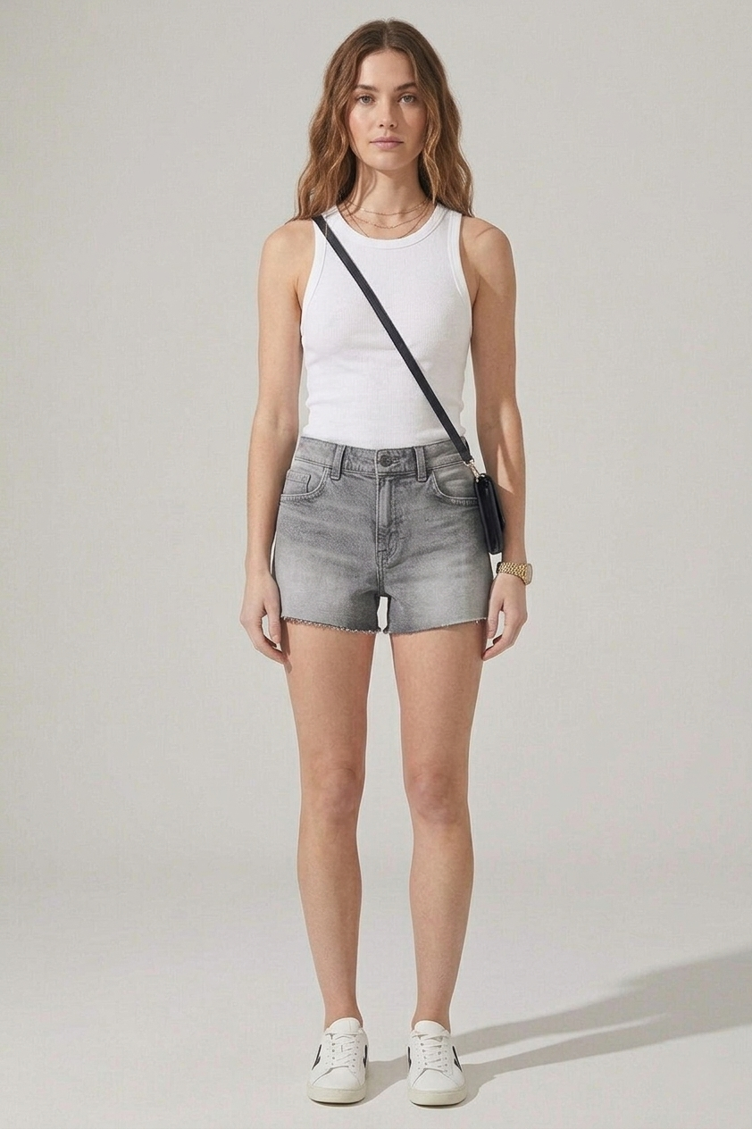 Women's Grey Washed High Waist Denim Mini Shorts