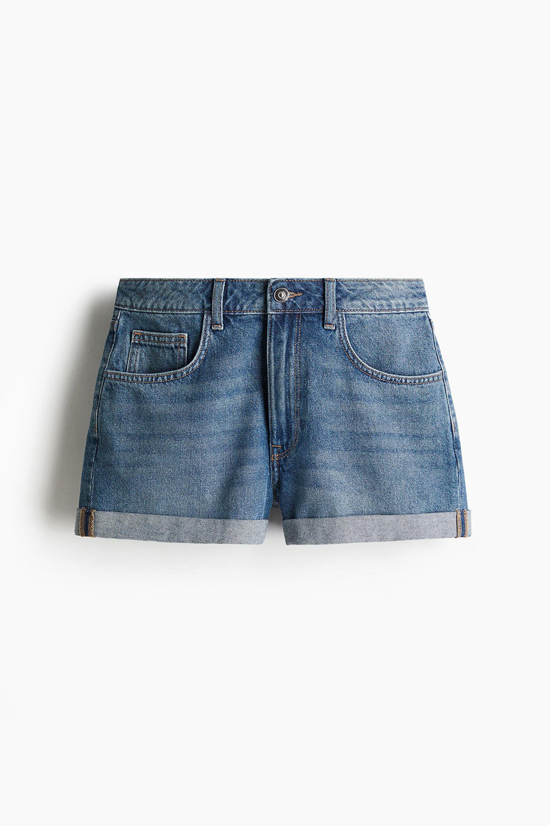 Women's Mid Blue High Waist Cuffed Denim Shorts