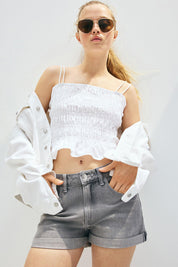 Women's Grey Washed High Waist Cuffed Denim Shorts
