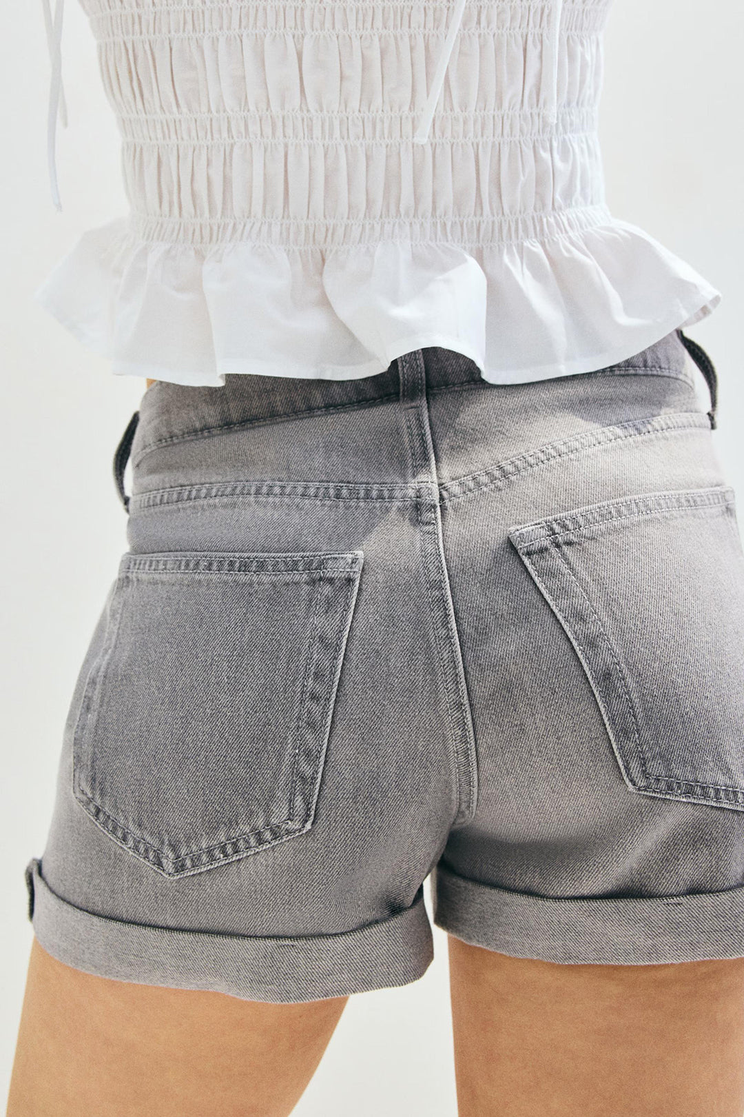 Women's Grey Washed High Waist Cuffed Denim Shorts