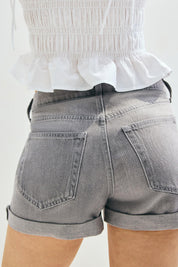 Women's Grey Washed High Waist Cuffed Denim Shorts