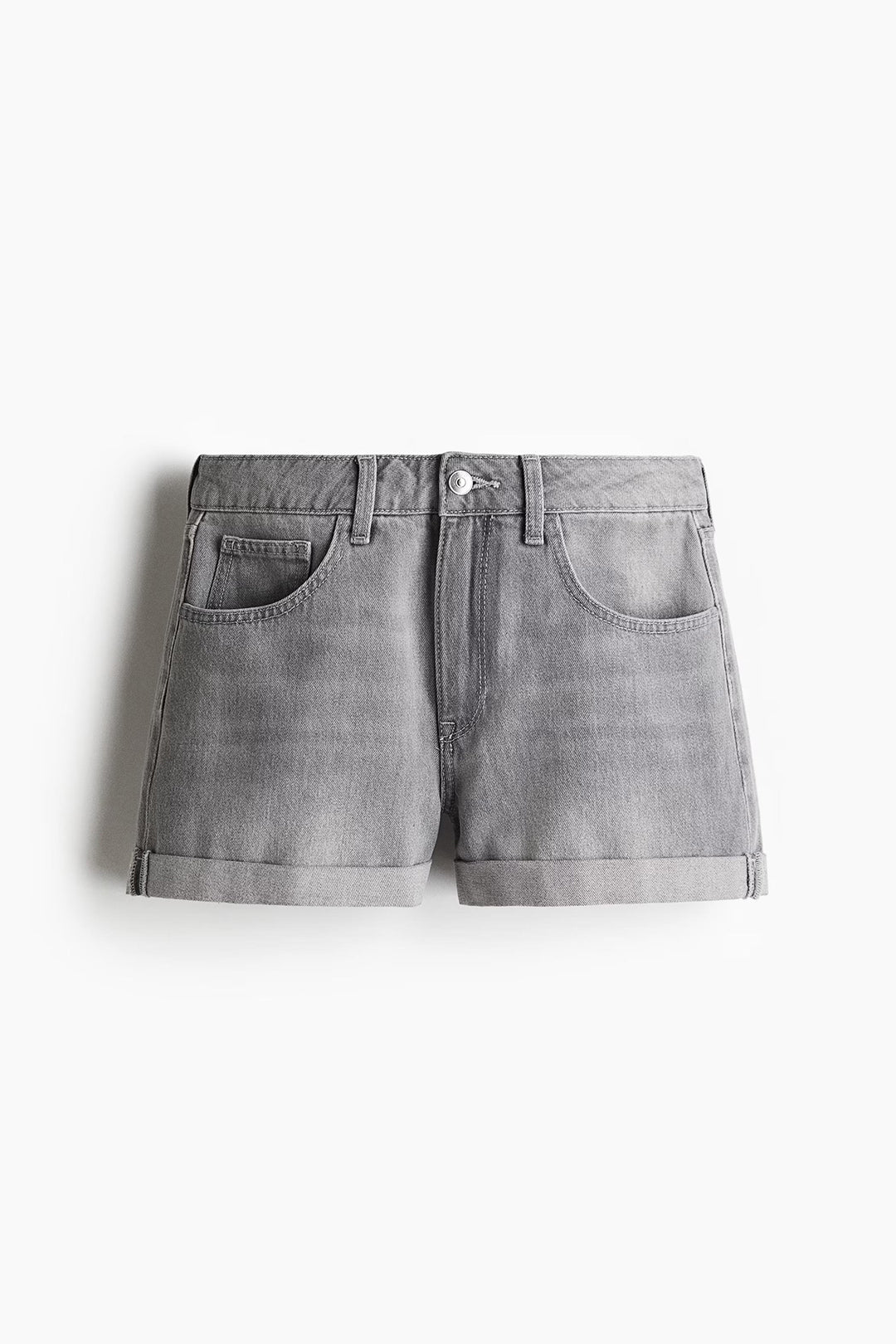 Women's Grey Washed High Waist Cuffed Denim Shorts