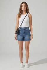 Women's Mid Blue Longline High Waist Denim Shorts