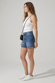 Women's Mid Blue Longline High Waist Denim Shorts