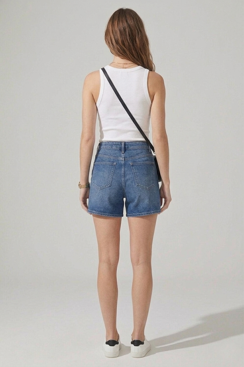 Women's Mid Blue Longline High Waist Denim Shorts