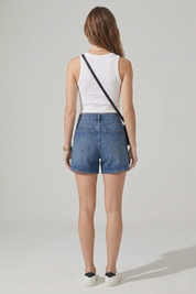Women's Mid Blue Longline High Waist Denim Shorts