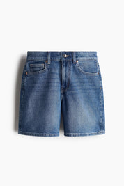 Women's Mid Blue Longline High Waist Denim Shorts