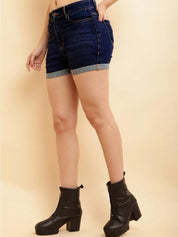 Women's Dark Navy Acid Wash Cuffed Denim Shorts